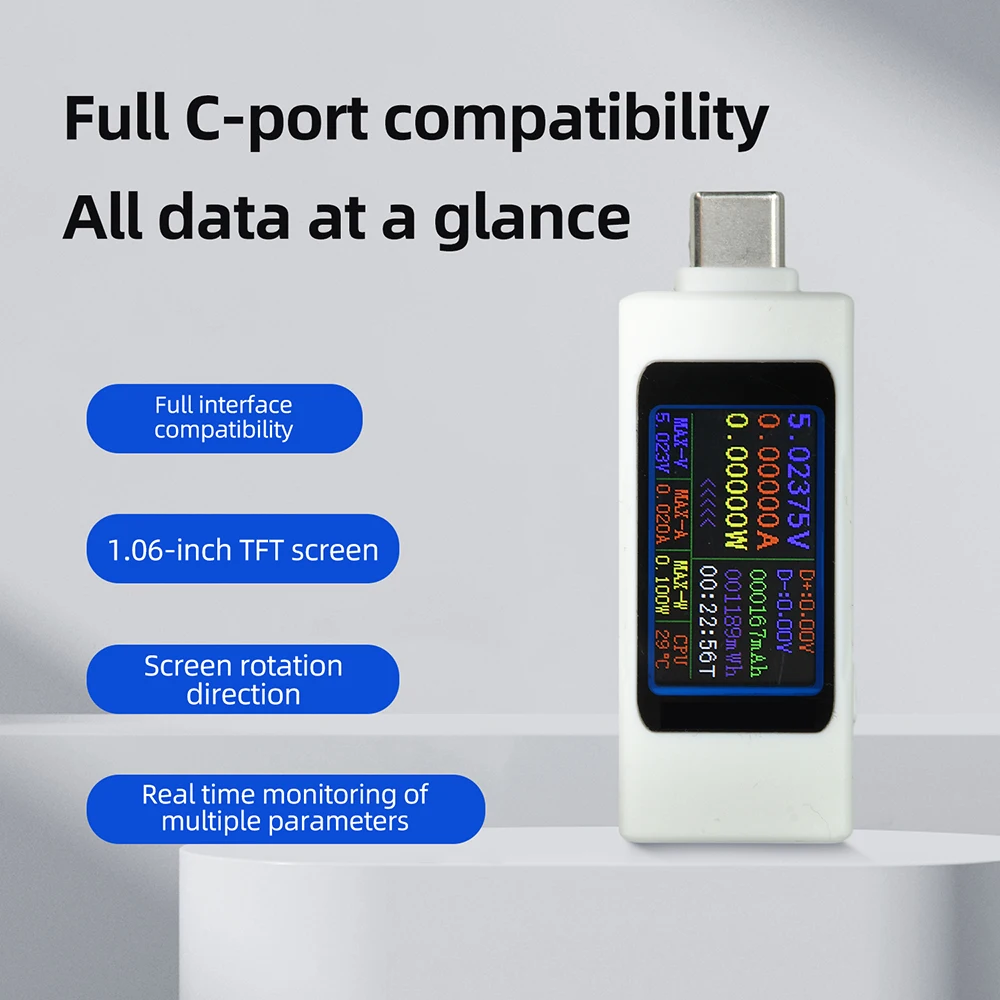 DC 4-30V Digital Voltmeter Ammeter 1.06 inch 0.96-inch TFT Type-C Bidirectional USB Power Tester Capacity Energy for USB Charger