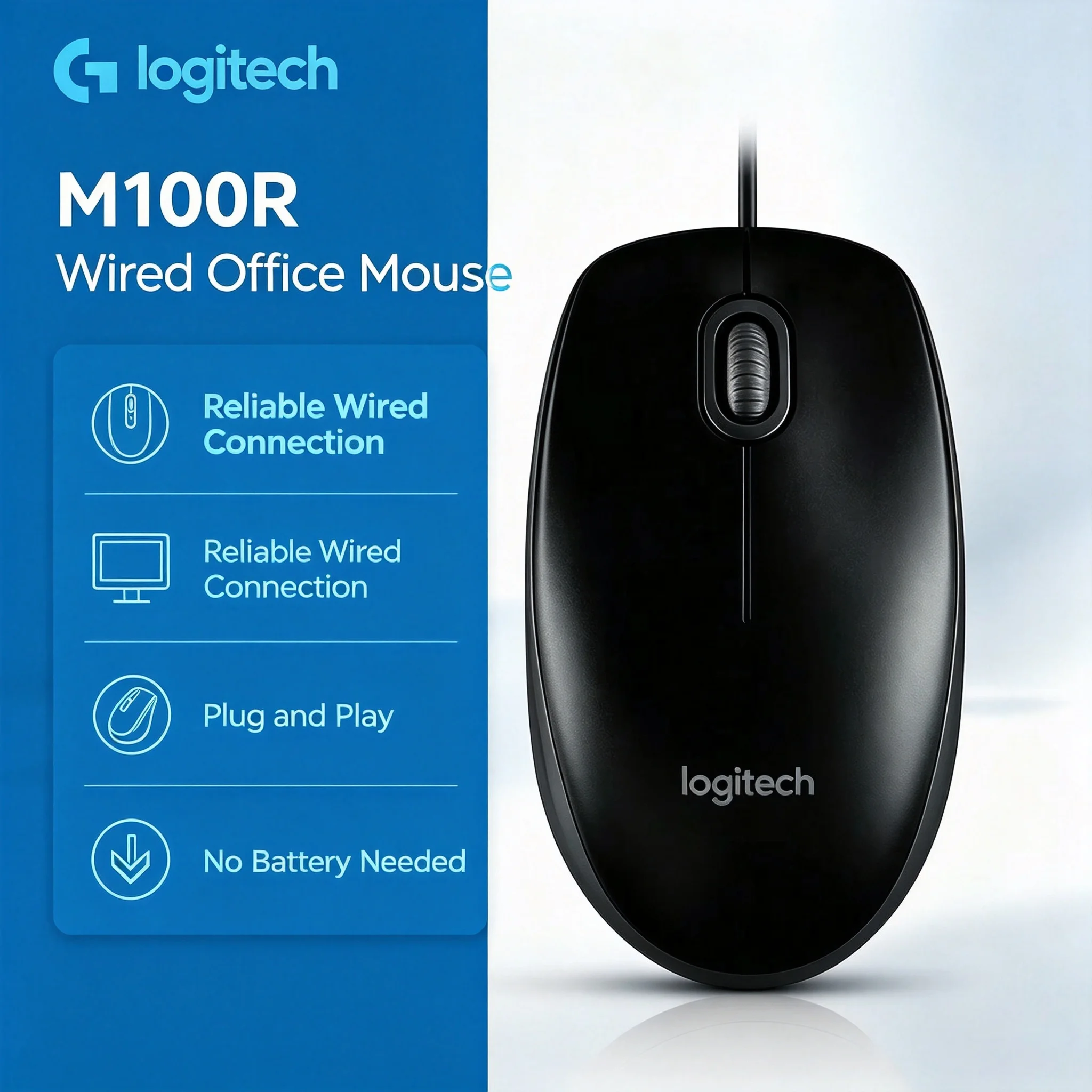 Logitech M100R Wired Optical Mouse Durable USB Cord Mouse for Office Notebook PC