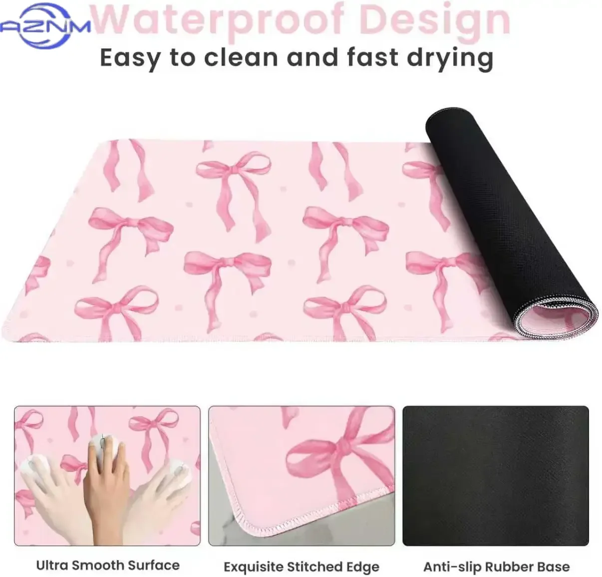 Sweet Pink Dot Bow Mouse Pad, Watercolor Ribbon Knot Pattern Non Slip Desk Mat for Gamers Office Home Keyboard Desktop Decor