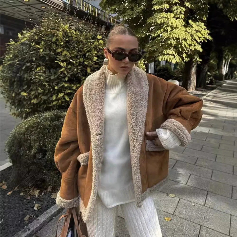 Suninheart Autumn and Winter Warm Cotton Jacket Coat 2024 Loose Brown Faux Fur Suede Jacket Casual Oversize Coats Jacket Women