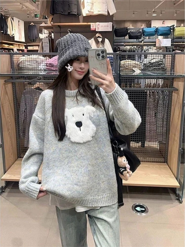 かわいい毛皮のウェスティ ‌   ニットセーター女性秋冬厚い特大ラウンドネックプルオーバー漫画子犬カジュアルニットウェアトップ