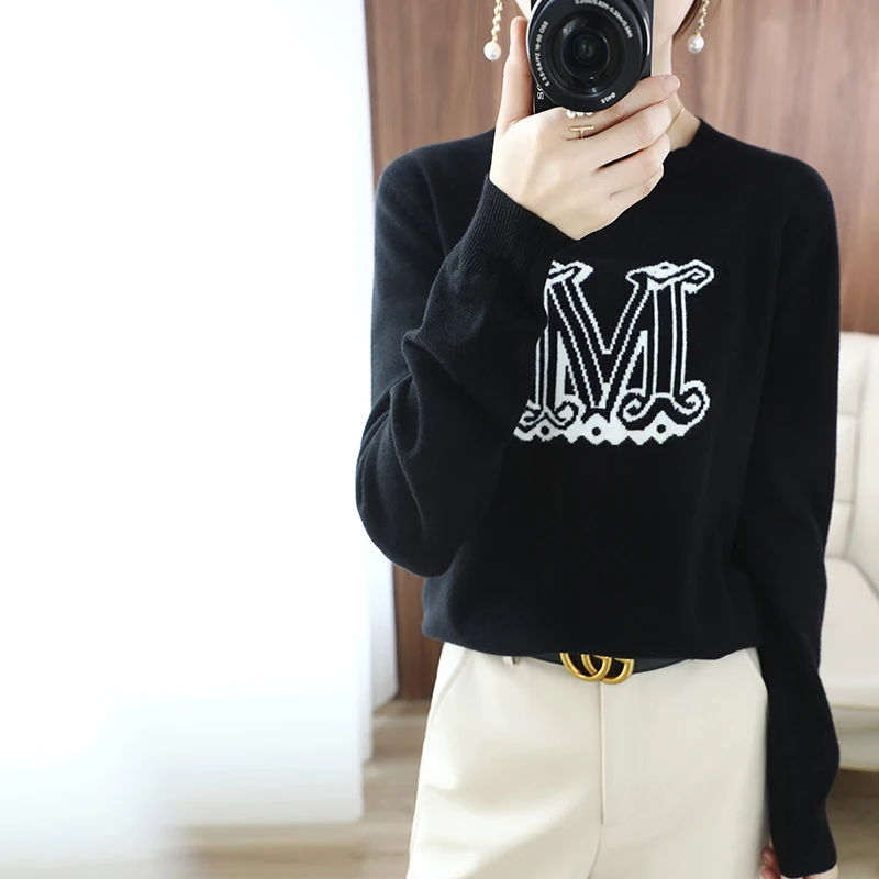 women Autumn and winter O-Neck Cashmere sweaters knitted Pullovers  Fashionable embroidered letter cashmere sweater Female