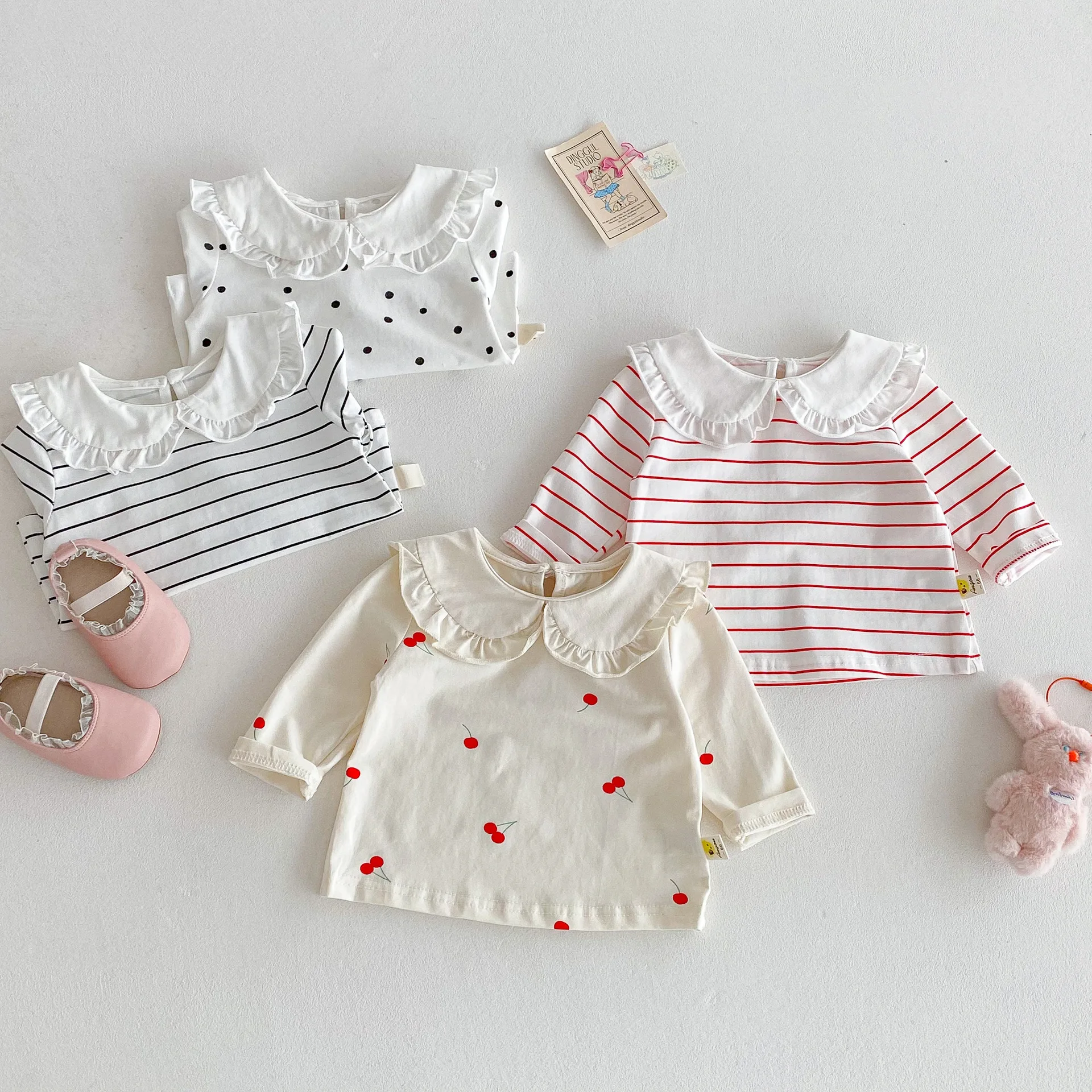 Cartoon Dot Print Girls Cute Striped T Shirts Cotton Infant Clothes 2025 Autumn New Baby Girl Peter Pan Collar Bottoming Shirts