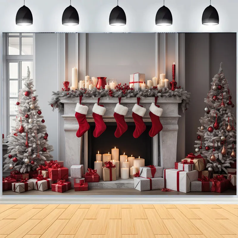 Weihnachts baum Dekoration Wohnzimmer Fotografie Hintergründe begrüßen Neujahr Urlaub Kamin Indoor Party Hintergrund js-03