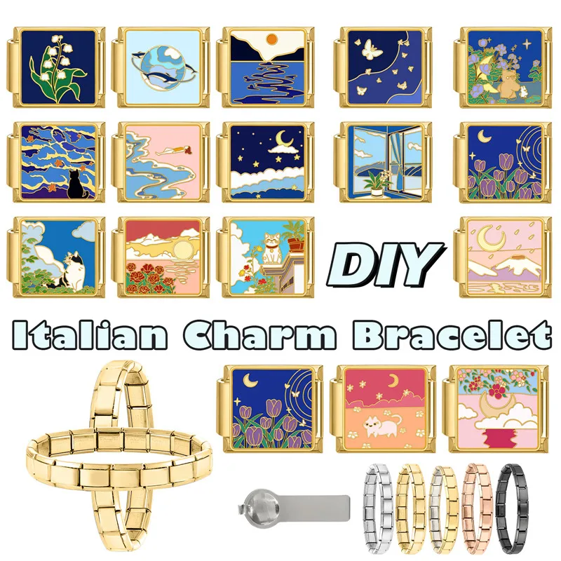 Y2K Gold Color Bear Cat Blue Sky Rose Flowers Moon Italian Charm Link Fit 9MM Stainless Steel Bracelet Women DIY Making Gifts