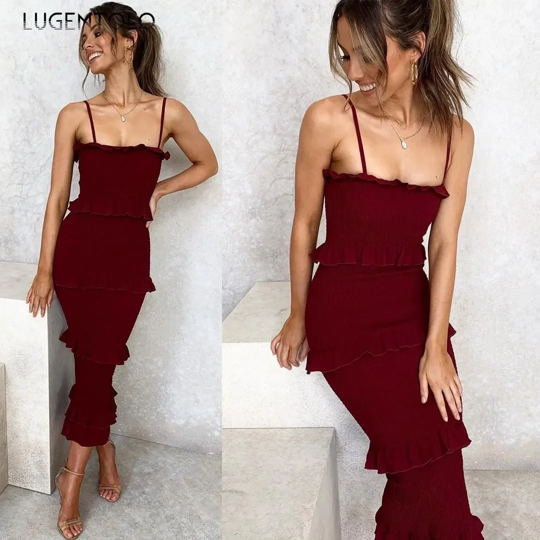 

Lugentolo Women Suspenders Cake Dress Sexy Pleated Summer Thin Elasticity Lady Elegant Slim Holiday Fashion New Hotsweet Cloth