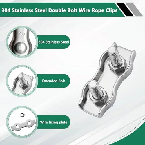 12pcs Double Wire Rope Clamp 304 Stainless Steel Bolt Cable Clips Anti-Slip Rope Grip Fixing Tools Fasteners for Hanging Wire