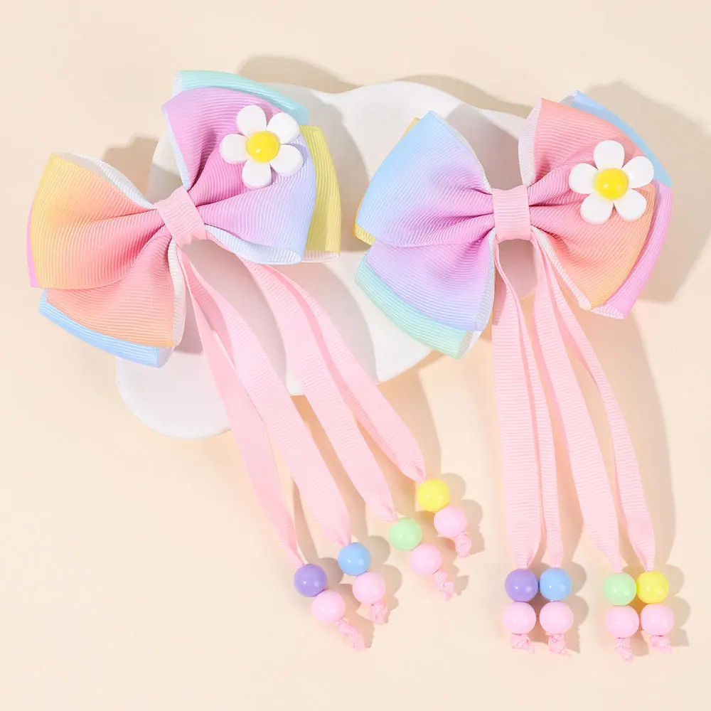 2PCS Sweet Ribbon Bow Hair Clips Elegant Bead Tassels Bowknot Hairpin Cute Pompon Barrettes Headwear Kids Hair Accessories