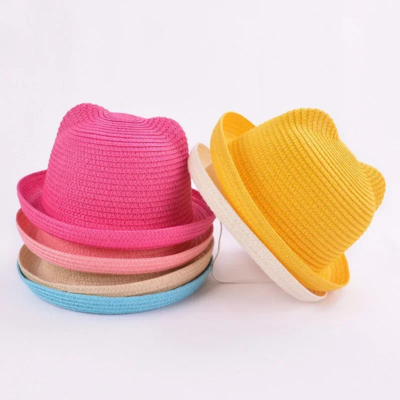 

Fashion Lovely Girls Boys Straw Hats Headdress Summer Kids Baby Bucket Sun Hat Cute Ear Solid Floppy Beach Cap For Children