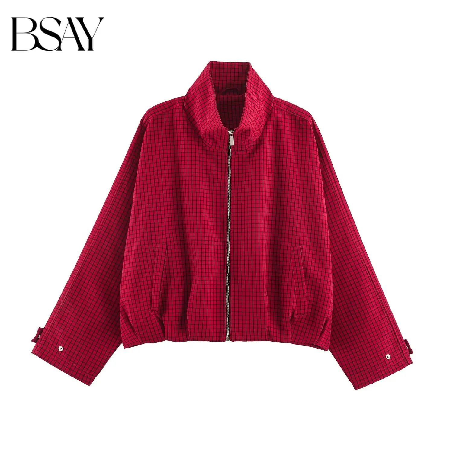BSAY 2026 Autumn Fashionable Versatile Streetwear Plaid Women Cropped Jacket Stand Collar Zip Up Loose Preppy Casual Outerwear