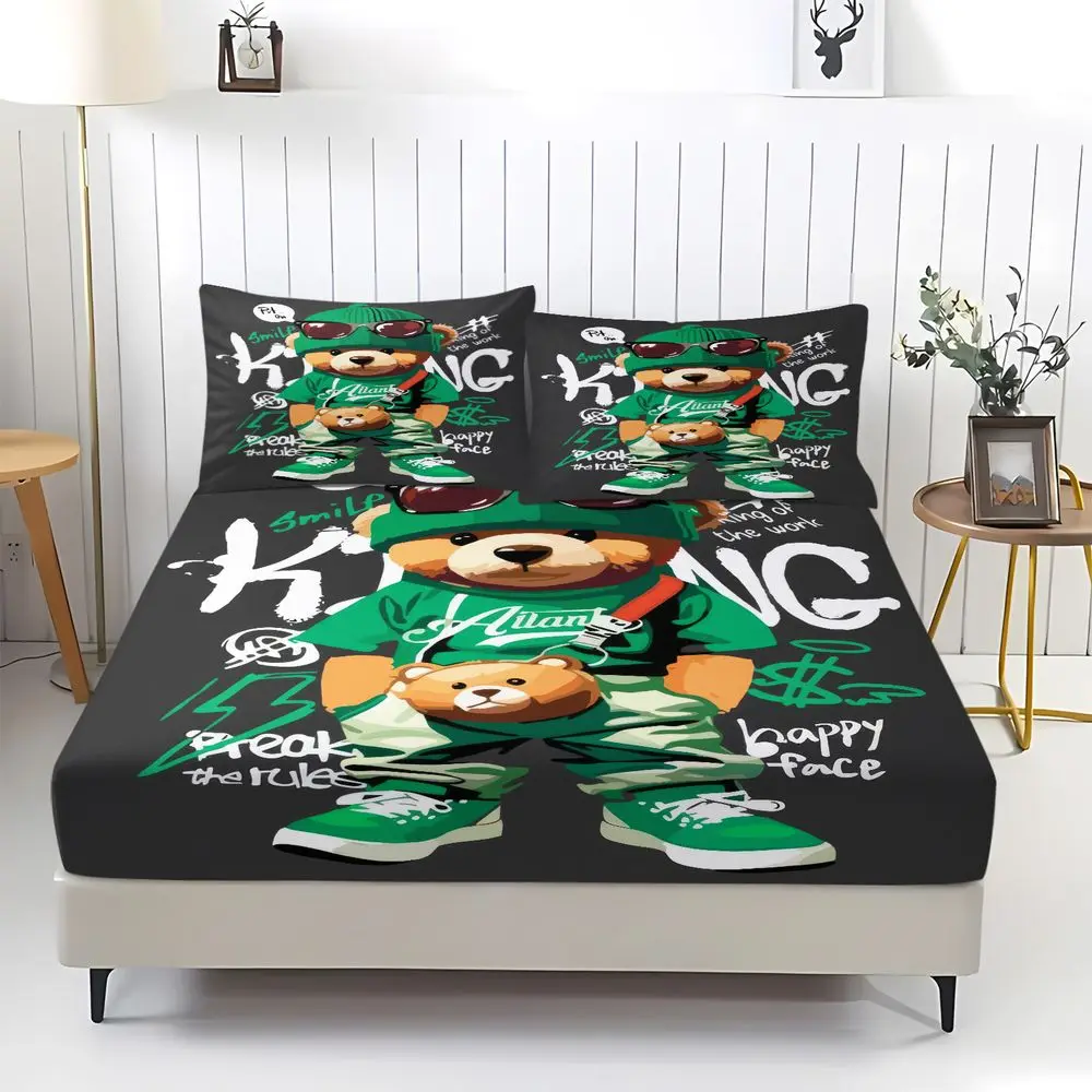 Bear Print Fitted Sheet Set Bed Sheet Set Graffiti Digital Print Bedding Set Soft Elastic Fabric for Teen Room Decor