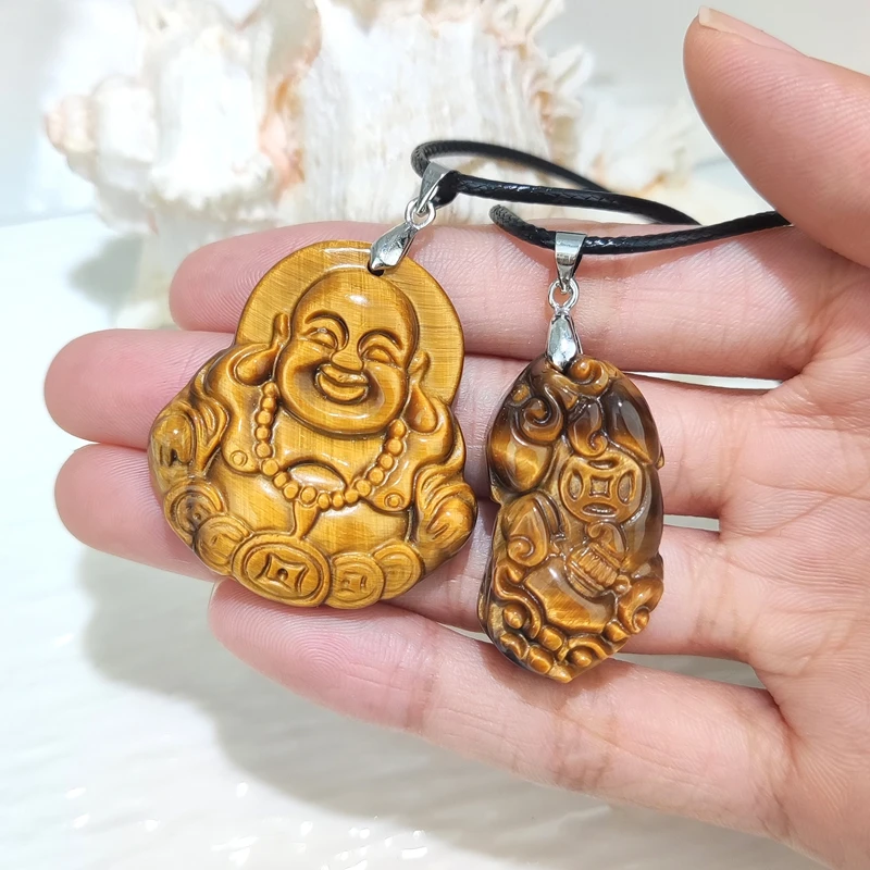 Handcraved  Natural Tiger Eye Stone Owl Tiger Fox Pendant Necklace Fashion Charm Jewelry for Women Men Lucky Gift