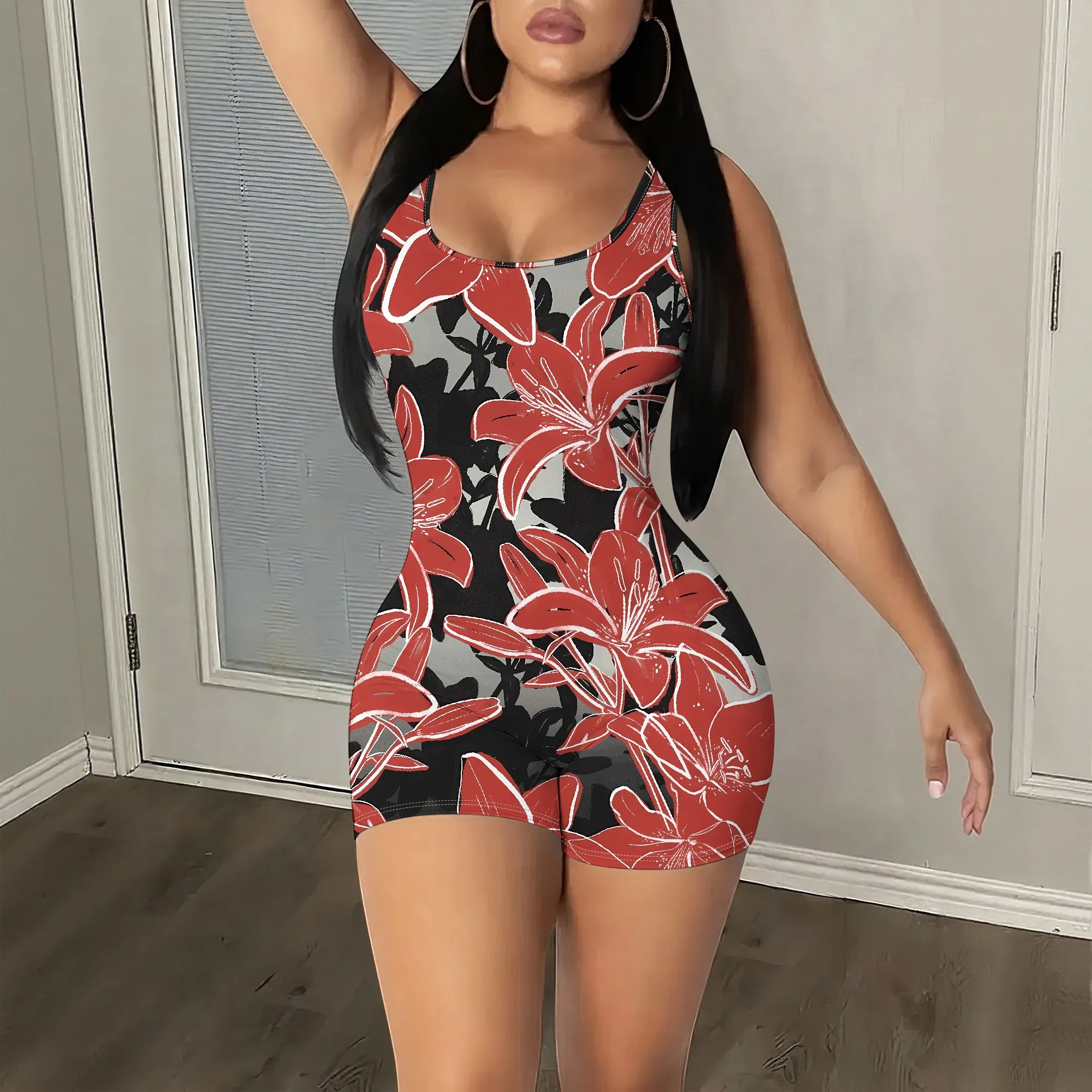 

Floral Romper, Sleeveless Bodysuit, Red Lily Print Playsuit, Summer Beachwear for Women, S-2XL