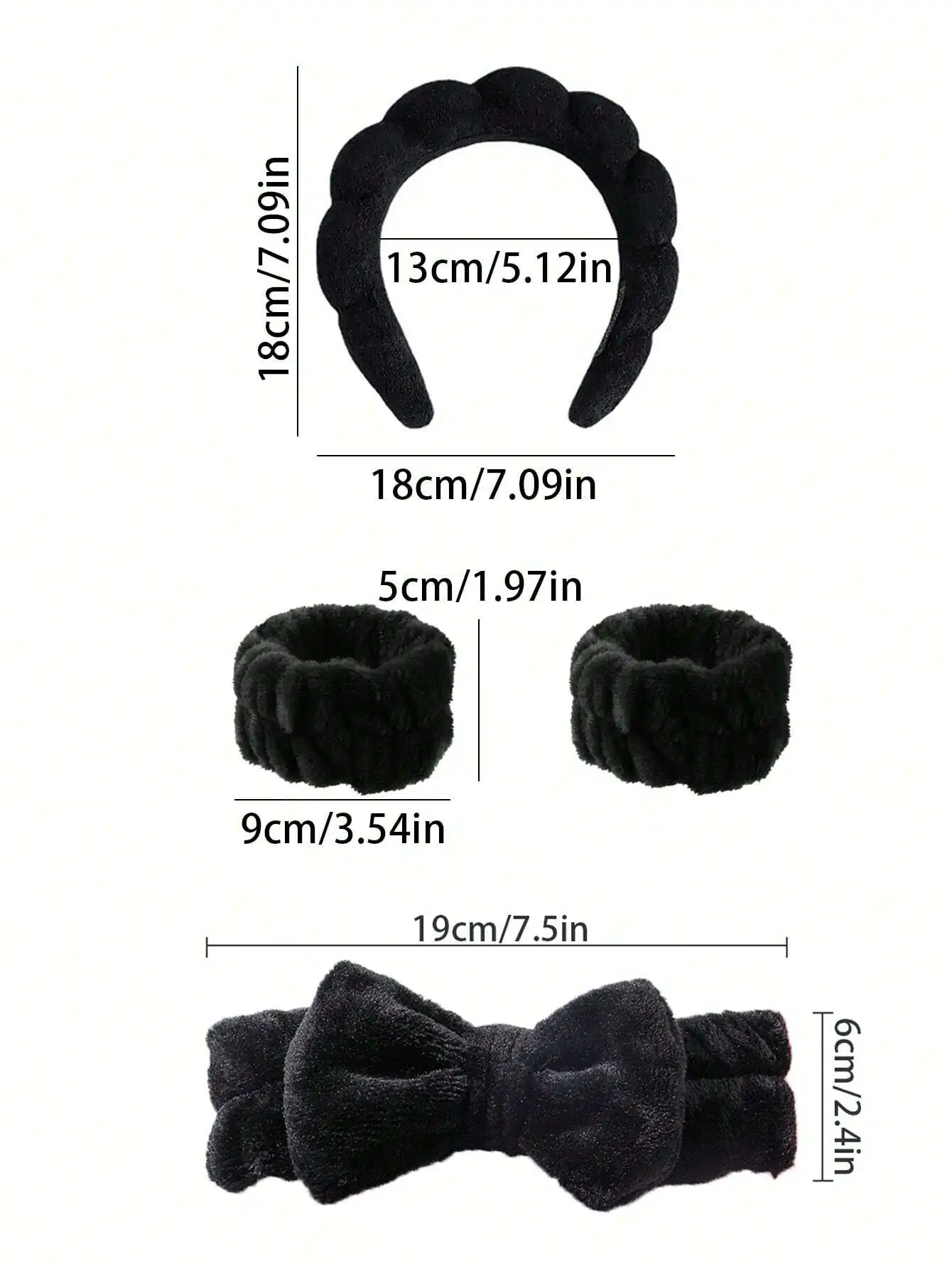 

Black Velvet Fluffy Headband And Wrist Straps Set For Face Washing Skincare
