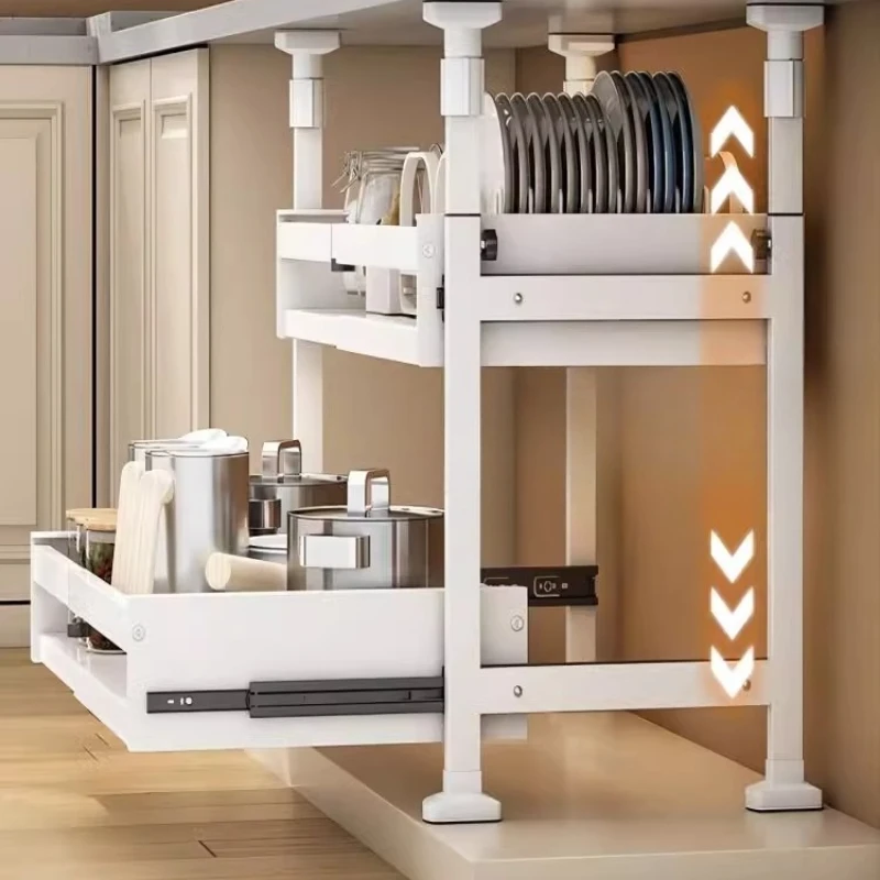 

Non-punching kitchen cabinet storage rack retractable layered pull-out basket kitchen gadget set