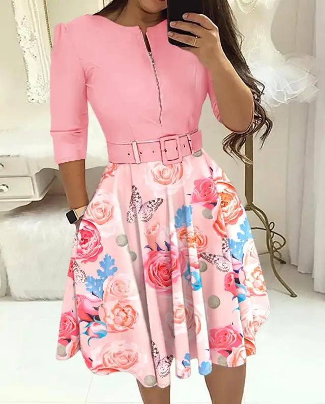 

Women's Dress 2023 Ladies Office Floral Print Colorblock Zipper Design Round Neck Casual Three Quarter Sleeves Dress with Belt