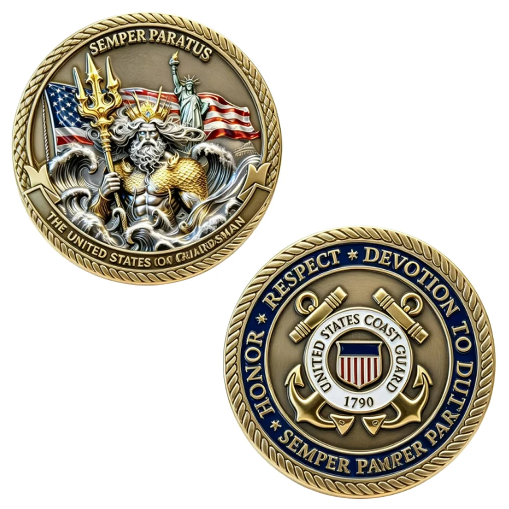 1pc US Coast Guard Military Challenge Coin Semper Paratus Poseidon Commemorative Coin Patriotic Veteran Souvenir Gifts