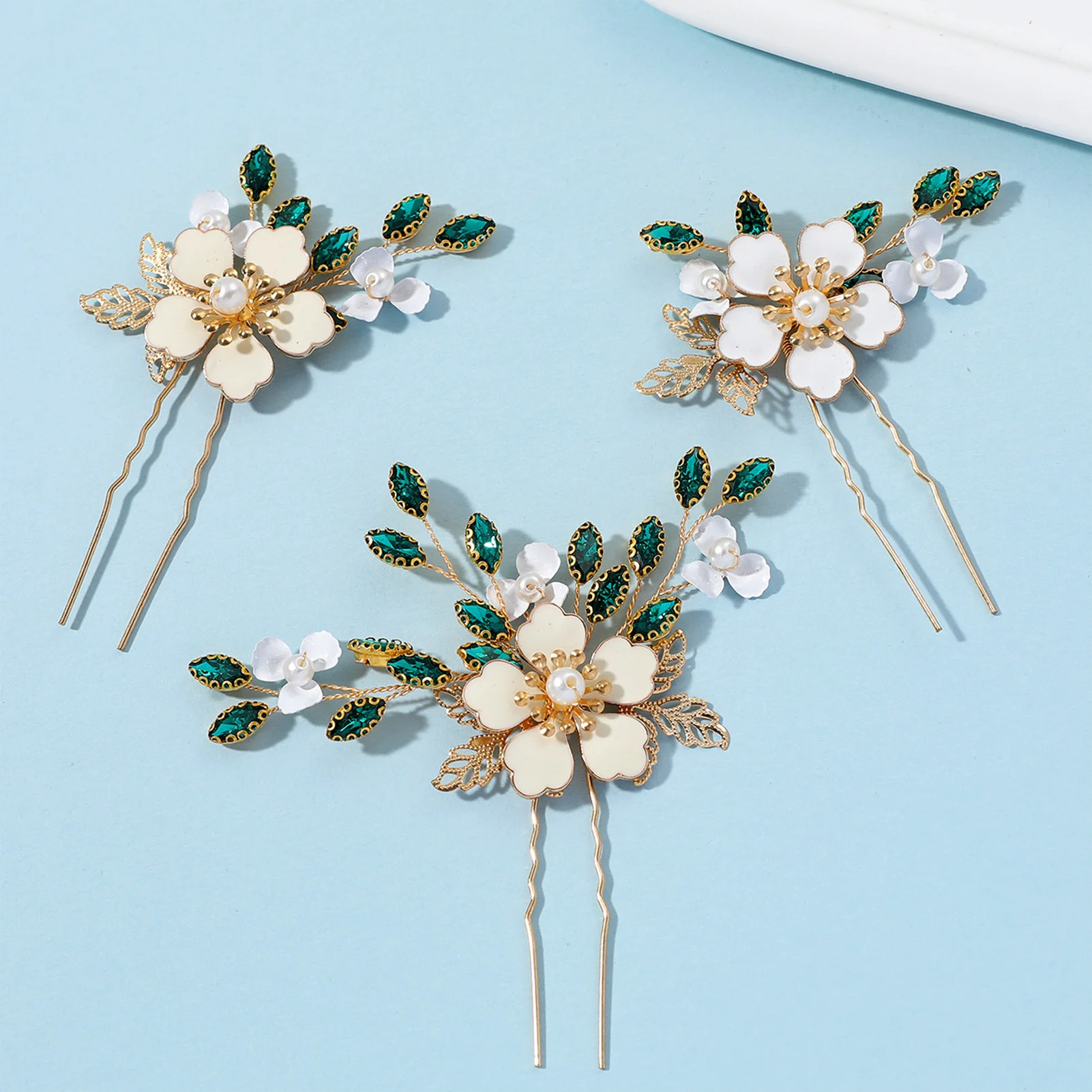 

3pcs/Set Handmade Floral Opal Rhinestone Hair Clip With Alloy Leaves For Wedding Bride Bridesmaid Formal Events