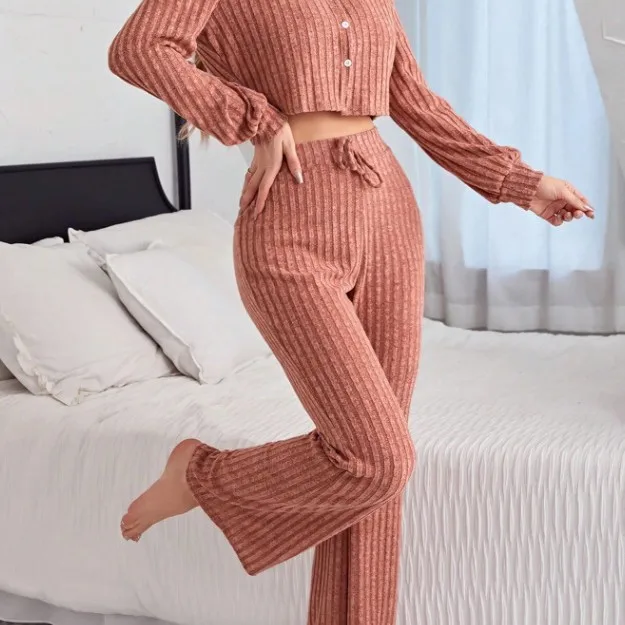 Autumn Women's Pajama Set European American Style Casual Button Up Long Sleeves  Trousers for Comfortable Loungewear XL Size