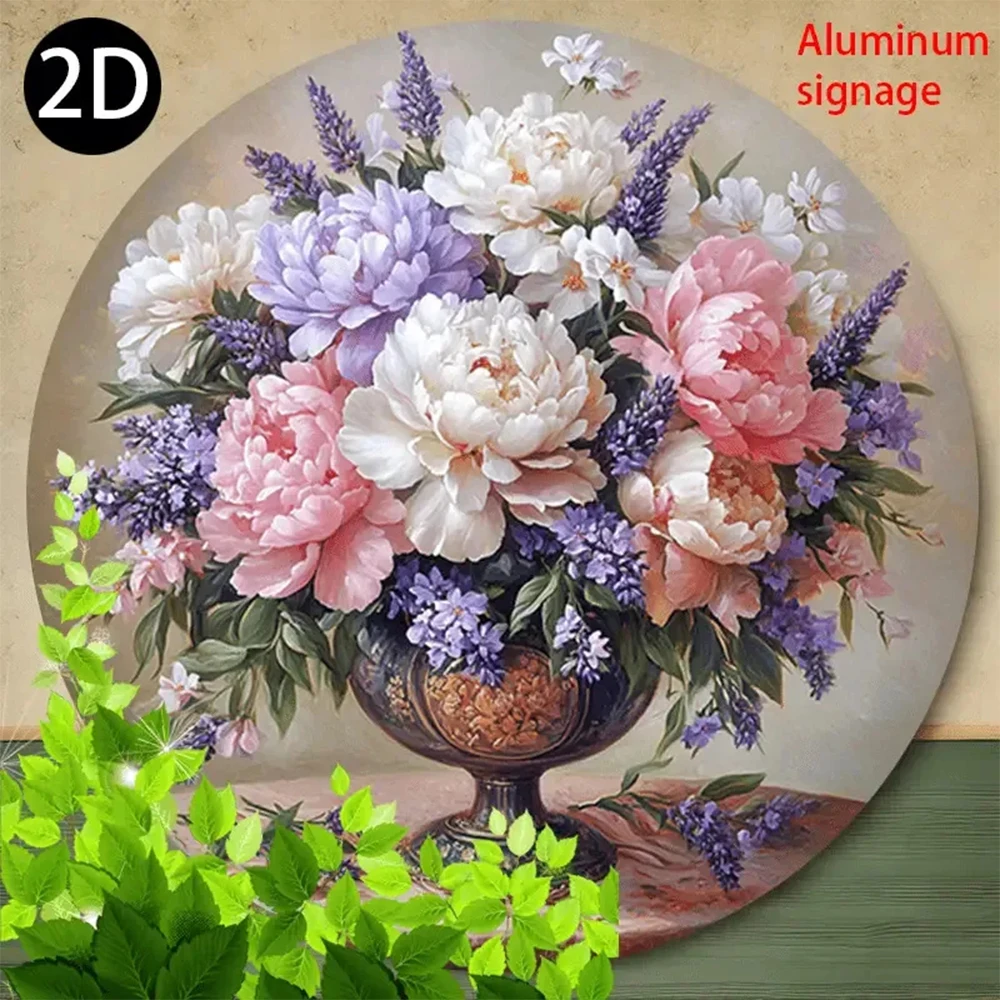 1 Piece of Vintage Floral Wall Decor Featuring Peonies and Lilies - in Soft Pink, White, Purple, Lavender, and Green - Elegant Round Metal Sign