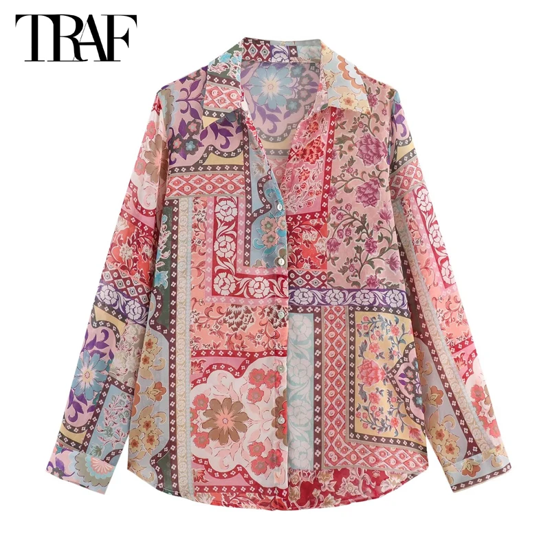 TRAF Print Women\'s Shirts Boho Chiffon Blouse Female Summer Shirts and Blouses for Women 2024 Long Sleeve Button up Shirts Woman