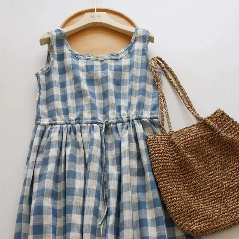 Women Plaid Dresses A Line Patchwork Dress Ankle Lenth Sleeveless Drawstring Waist Cinch Thin Loose Casual Elegant 2026 Summer