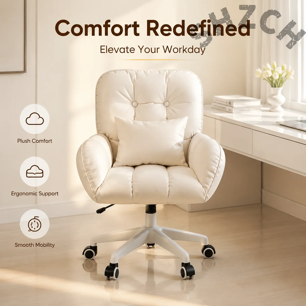 Ergonomic Height-Adjustable Swivel Office Chair with PU Leather, Rubber Wood Base & High-Density Sponge — Ideal for Study, Desk