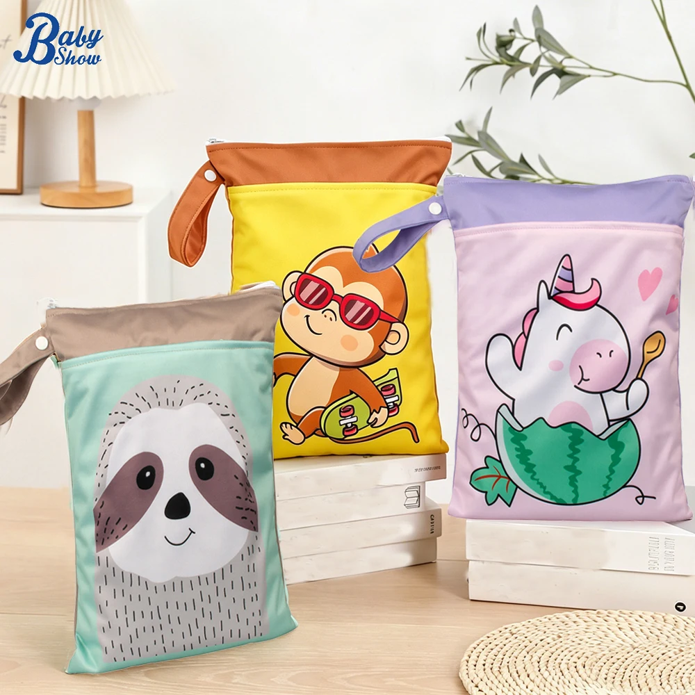 3pcs Waterproof Double Pocket Wet Bag for Swimming Beach & Gym 25x35cm Soft Animal Print Diaper Nappy Bag Storage Handbag