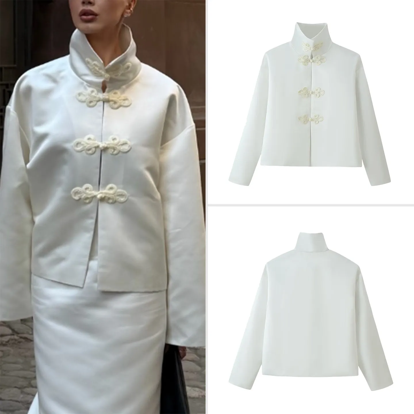 Women's Handmade Long Sleeve Loose Coat Stand Collar Button up Fashionable Versatile Autumn Wear Standard Fit Zadata