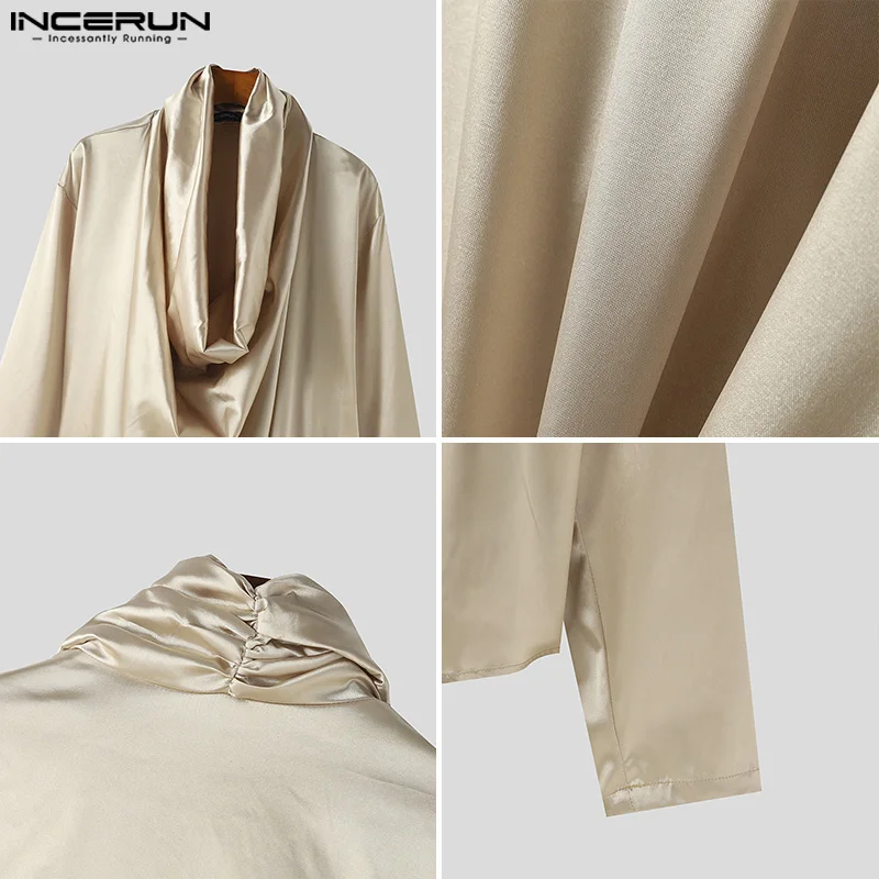 INCERUN Tops 2024 American Style Fashion Men\'s Pile Neck Reflective Fabric Shirt Casual Clubwear Solid Long Sleeved Blouse S-5XL