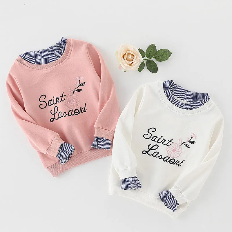 Spring Autumn 3 4 5 6 8 10 12 Years Children Hoodies Crew-Neck Letter Print Patchwork Fake 2 Pcs Kids Baby Girl Sweatshirt