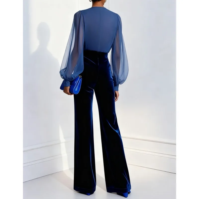 Fashion Color Blocked Jwomen Umpsuit Sexy Perspective Lace Long Sleeved Lady High Waisted Jumpsuits Foreign Style Office Romper