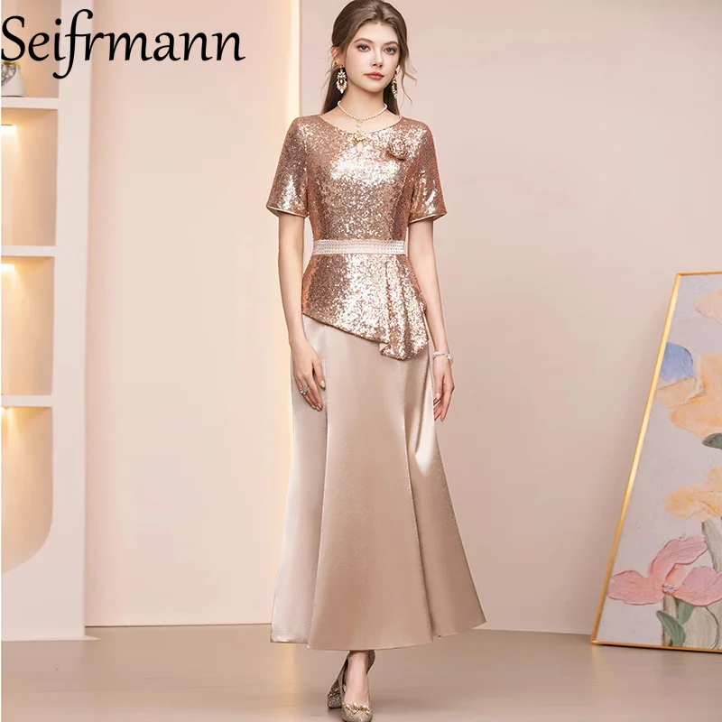 

Seifrmann 2026 Spring Women's New Fashionable Round Neck Short Sleeve Sequin Waist cinching Fish Tail Long Dress