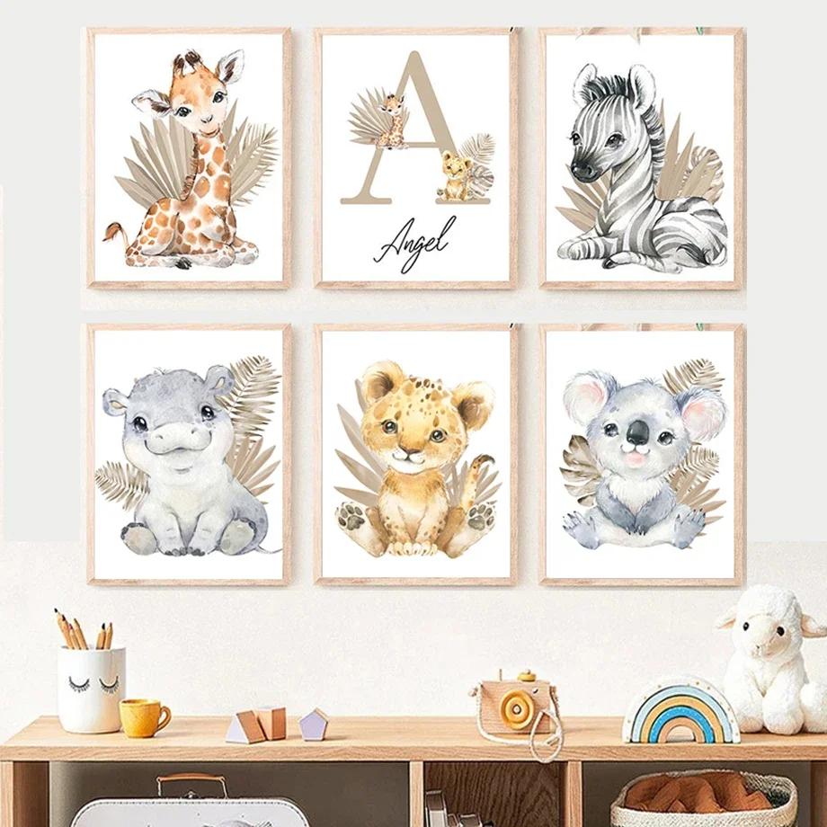 Custom Name Posters Jungle Animal Lion Elephant Giraffe Zebra Nursery Wall Art Prints Canvas Painting Pictures Kids Room Decor