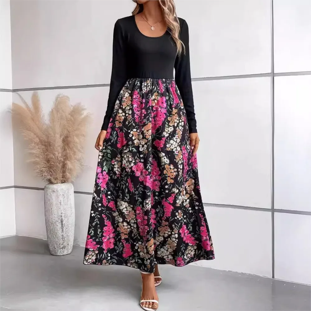 

Autumn Winter Fashion Floral Print Long Dress Women Elegant Black Full Sleeve Maxi Dress Robe Femme