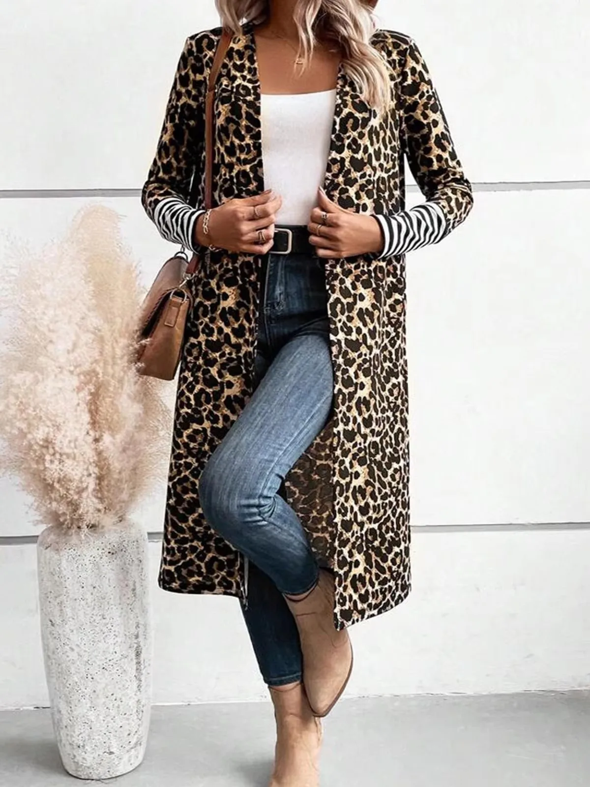 秋と冬のためのレオパード柄ストライプ柄の長袖カーディガン（大きいサイズ）