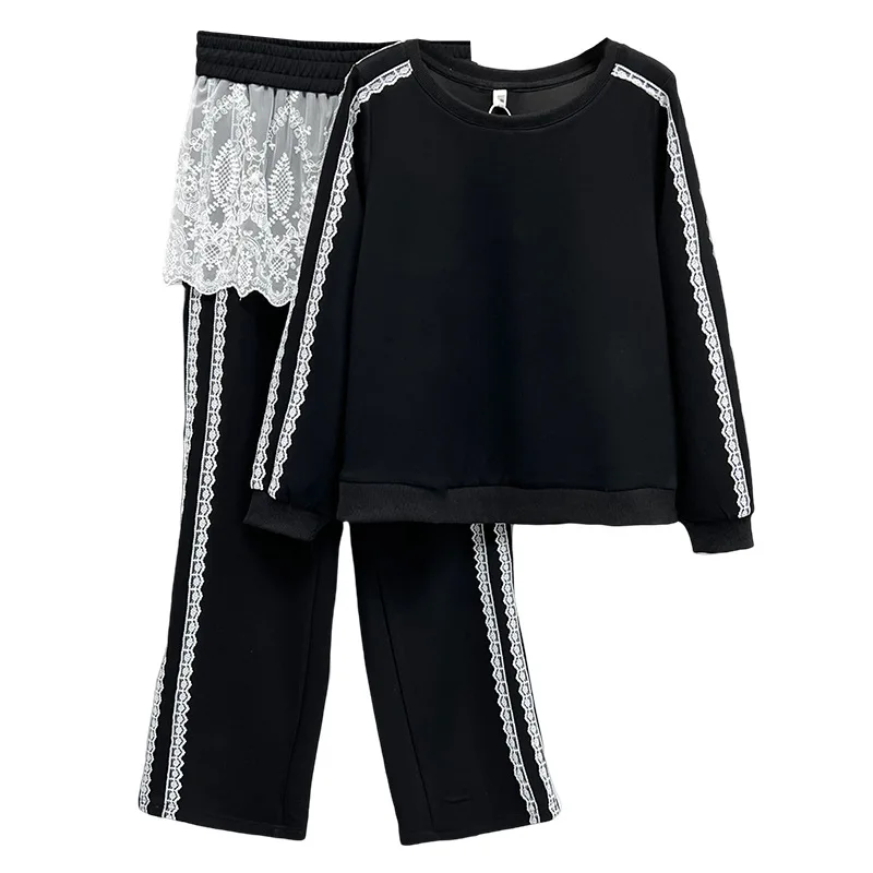 

XXXXL модные женские комплекты больших размеров, осень 2023, новая повседневная кружевная лоскутная толстовка с капюшоном и прямые длинные брюки, комплект из двух предметов