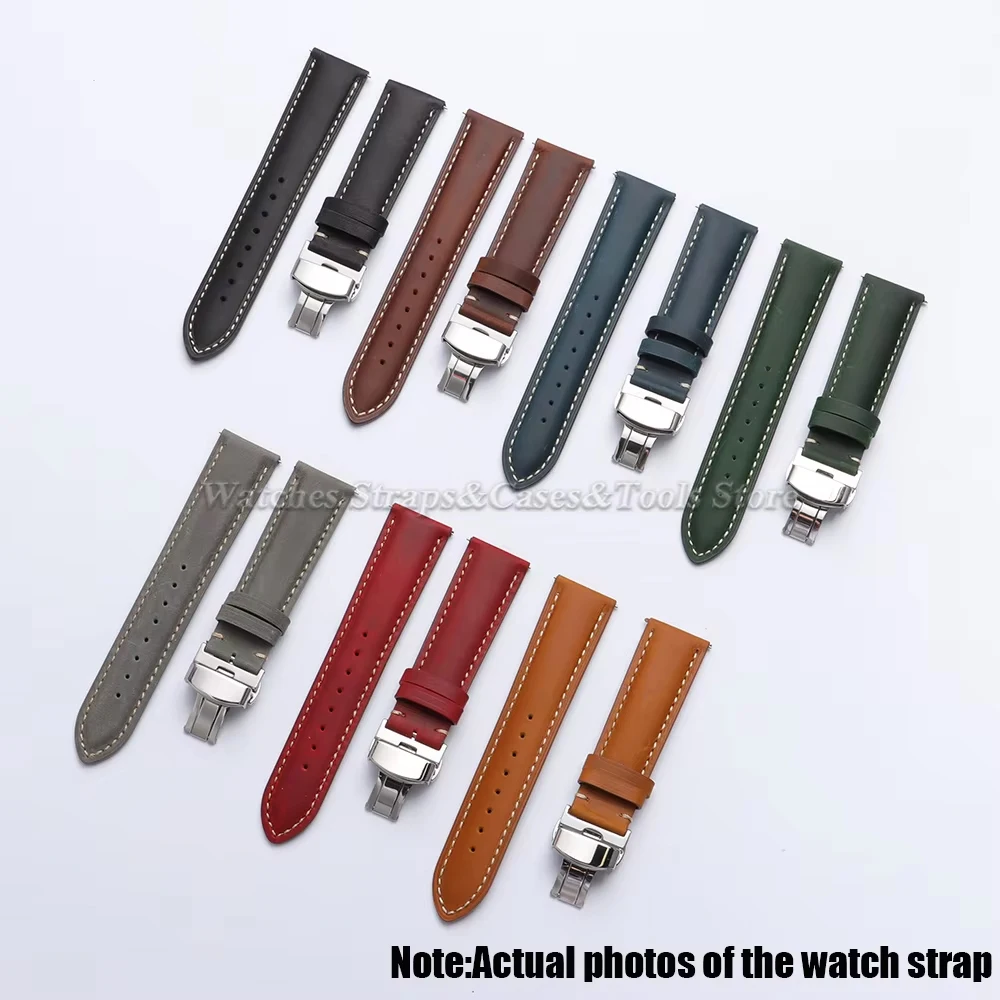 Genuine Cowhide Leather Band for Omega Business Watch Band for Seiko 14/16/18/20/22/24mm Butterfly Buckle Stitching Brown Straps image 6