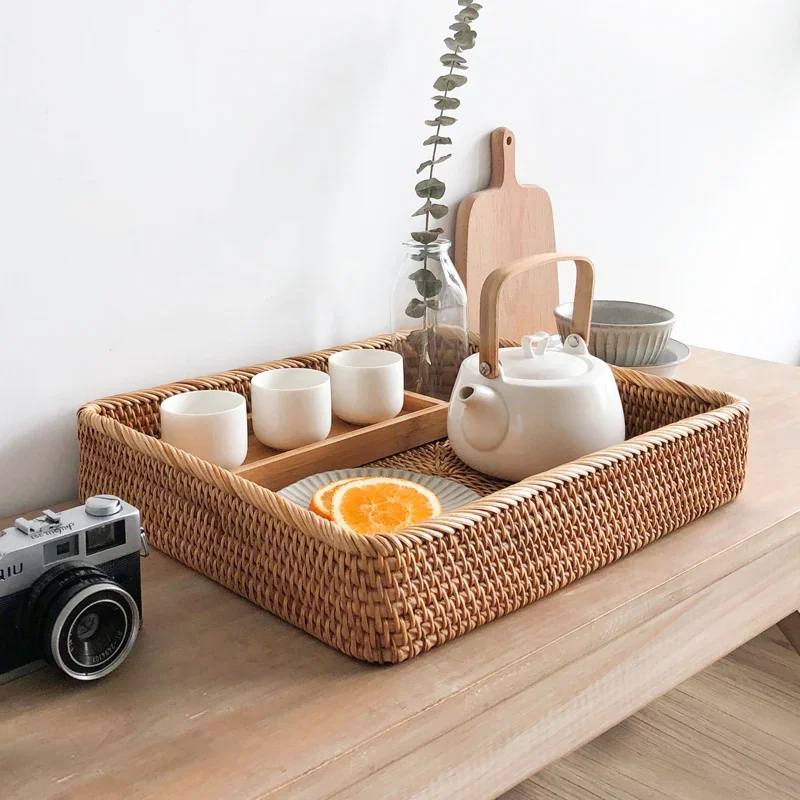 

Hand-woven Rattan Wicker Basket Fruit Tea Snack Bread Basket Cosmetic Rectangular Storage Box Kitchen Desktop Sundries Organizer