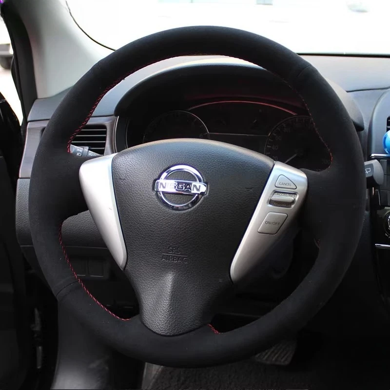 

Для Nissan Tiida Sylphy 2011-2015 Sunny Sentra 2014 2015, прошитый вручную нескользящий черный замшевый кожаный чехол на руль автомобиля