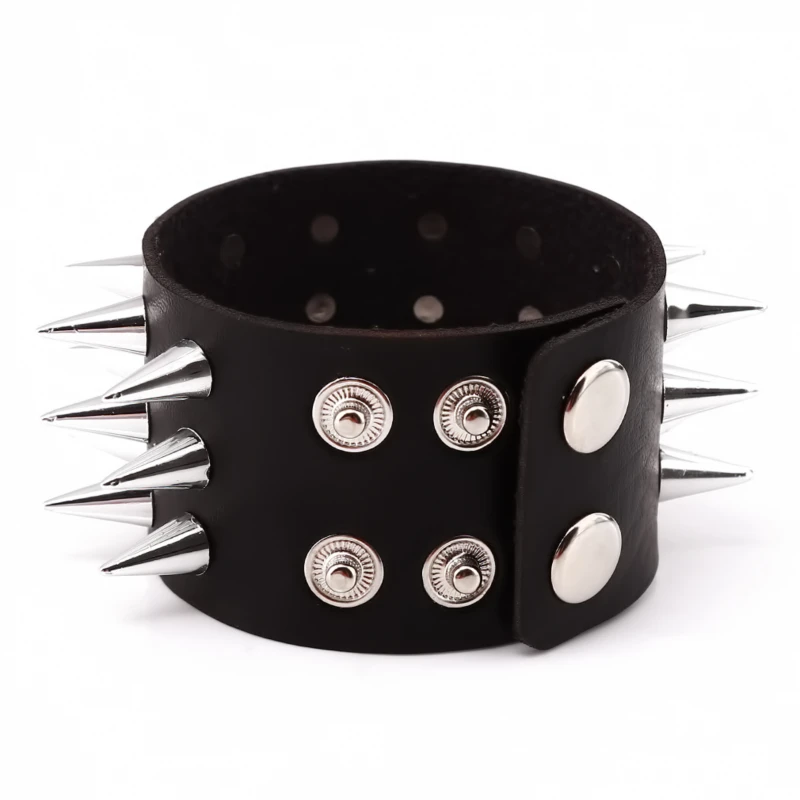 Three Row Cuspidal Spikes Rivet Stud Wide Cuff Leather Punk Gothic Rock Unisex Bangle Bracelet Men Jewelry