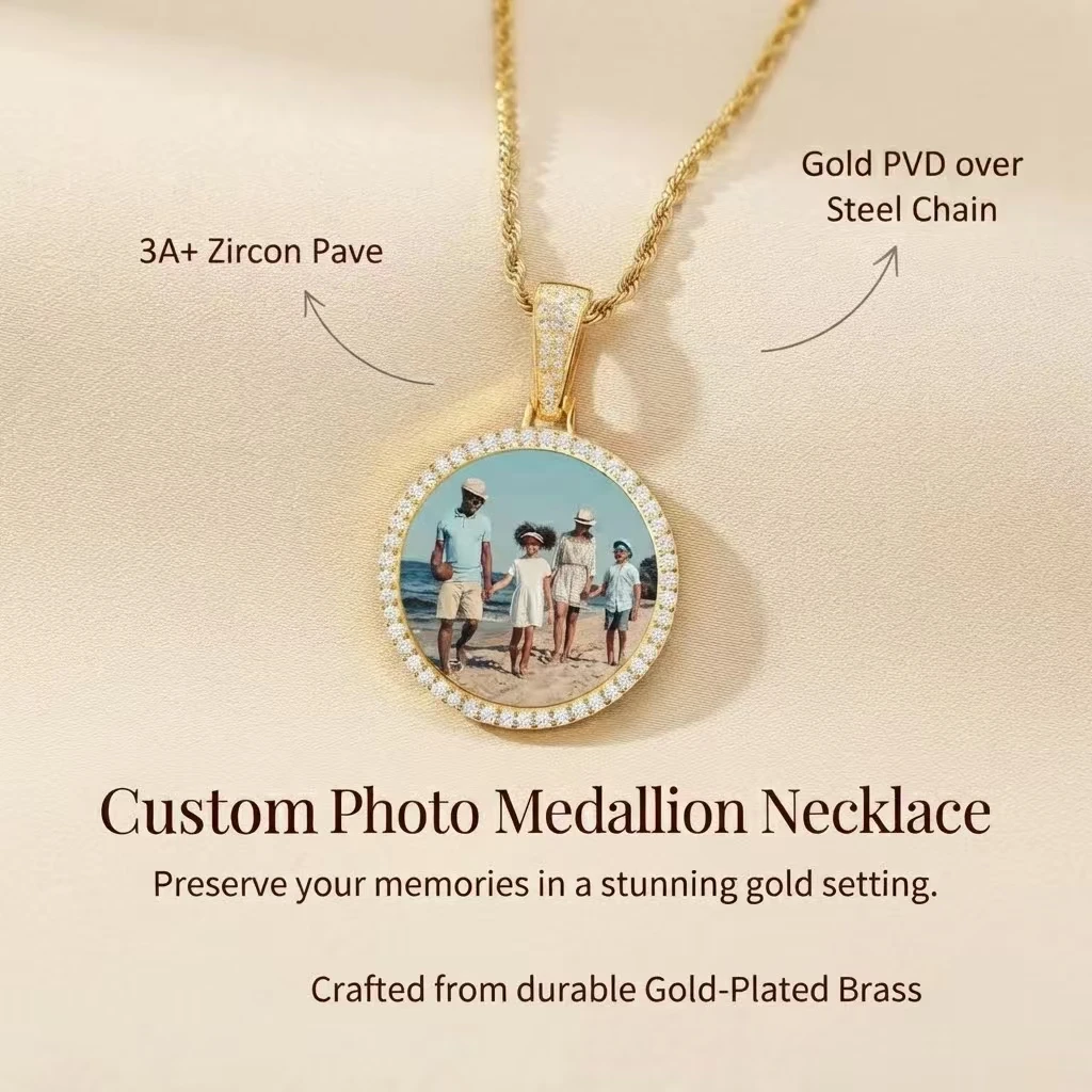 Personalized Custom Picture Pendant Necklace Zircon Inlay Gold Plated Stainless Steel Round Medallion Jewelry Anniversary Gi