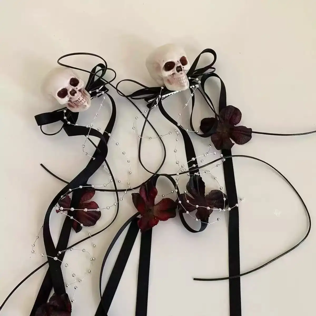 Hair Clip Gloves Headband Kit Gothic Halloween Skull Black Crown Veil Rose Lady Party Costume Satin Lace Medium Lightweight