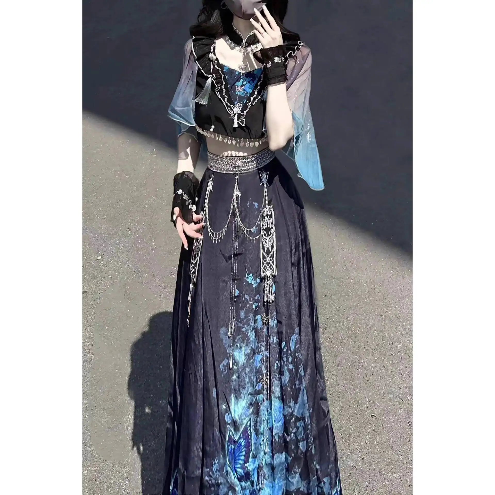 

Новый карнавальный костюм Fiesta на Хэллоуин, синий костюм в экзотическом стиле, драма Miaojiang, одежда для девочек, ретро, темный стиль