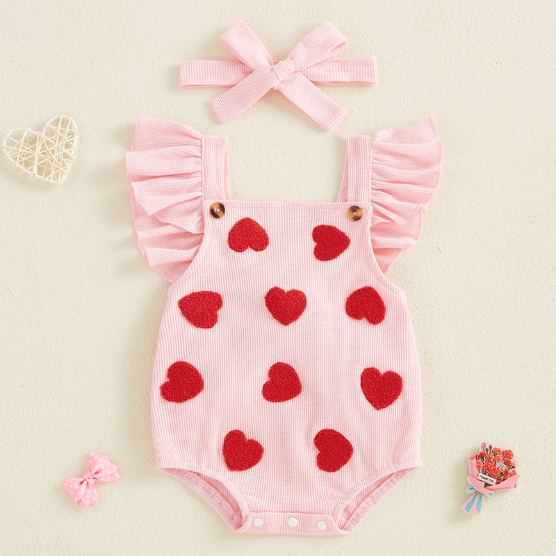 Listenwind Newborn Baby Girl Bodysuit Outfit, Fly Sleeve Square Neck Heart Romper with Hairband Cute Valentine’s Day Clothes