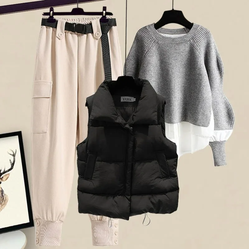 Large-sized Women's Autumn Set New Stylish Outfit Women Features Vest Hoodie Slimming Work Pants Three-piece Set Is Fashionable