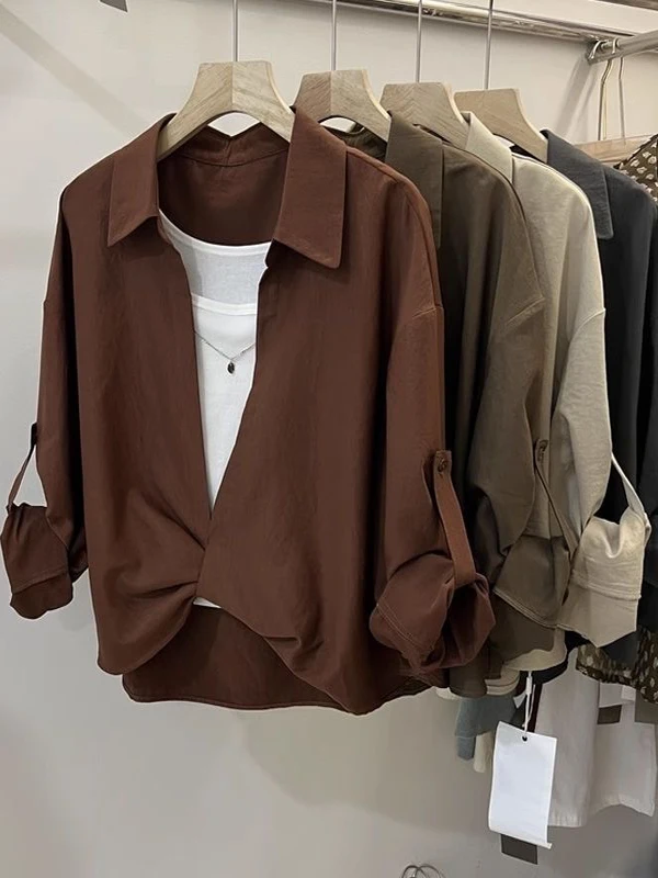 

Elegant Neck Two-Piece Long Sleeve Shirt Women's Fashionable Age-Defying Top Polyester Blend Comfortable Regular Fit