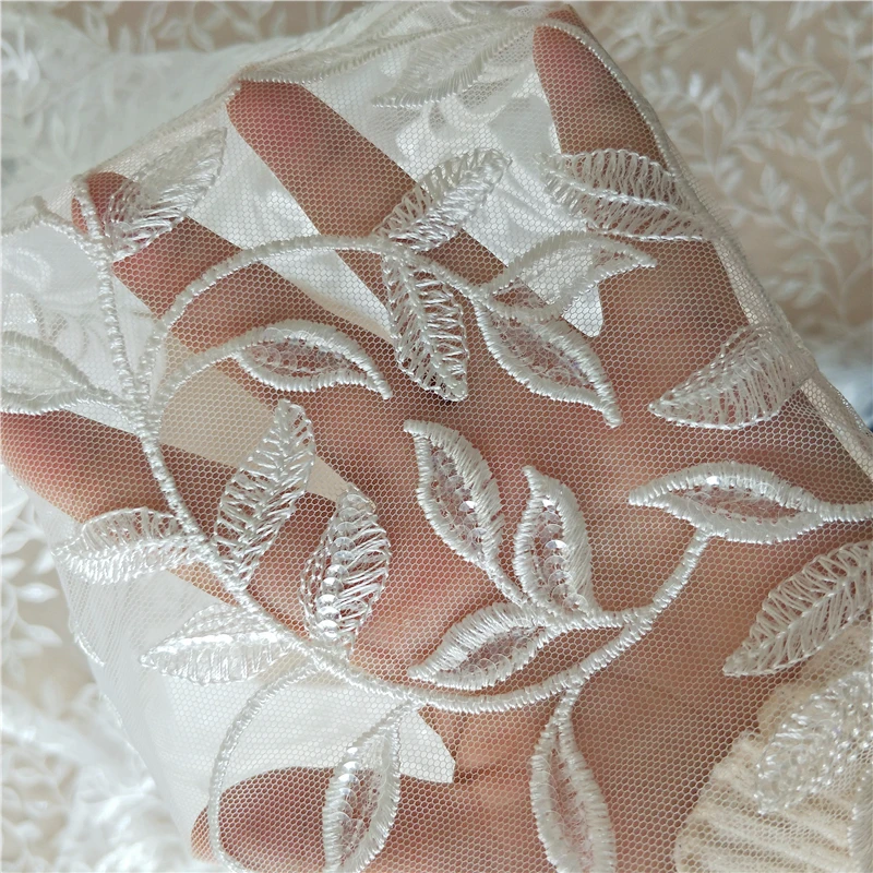 New Soft Mesh Leaves Sequined Embroidered Flowers Wedding Dress DIY Lace Fabric