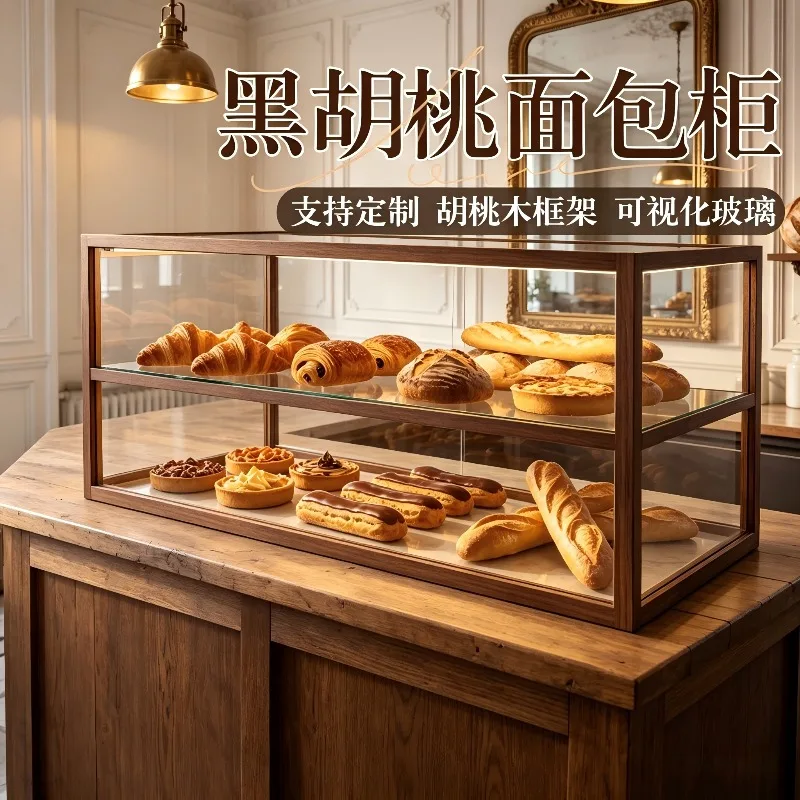 Solid Wood Glass Bakery Display Cabinet, Small Front Desk Bar Counter Showcase for Cake Coffee Shop Pastry Dessert Bread