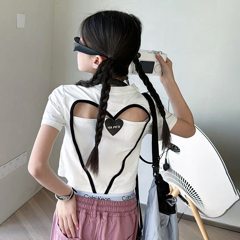 

summer white black cotton teenager girls short t-shirt Back hollowed out girl top kids Love Short sleeved Tee children clothes